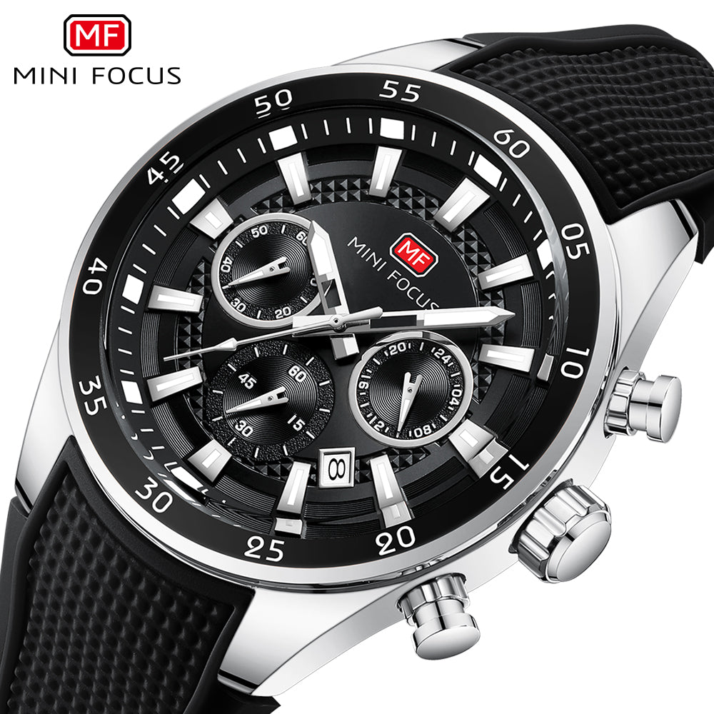 Black-Silver Round Chronograph Watch for Men