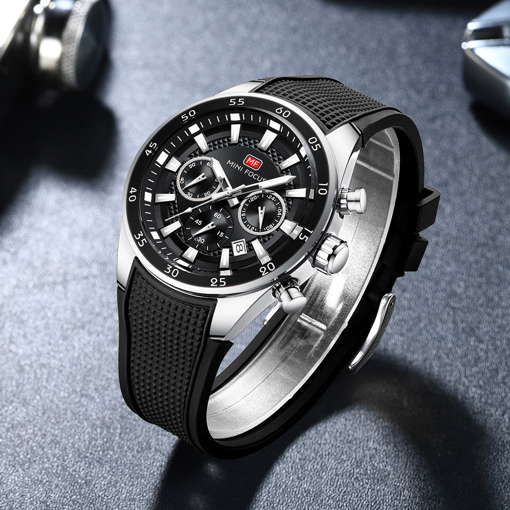 Black-Silver Round Chronograph Watch for Men