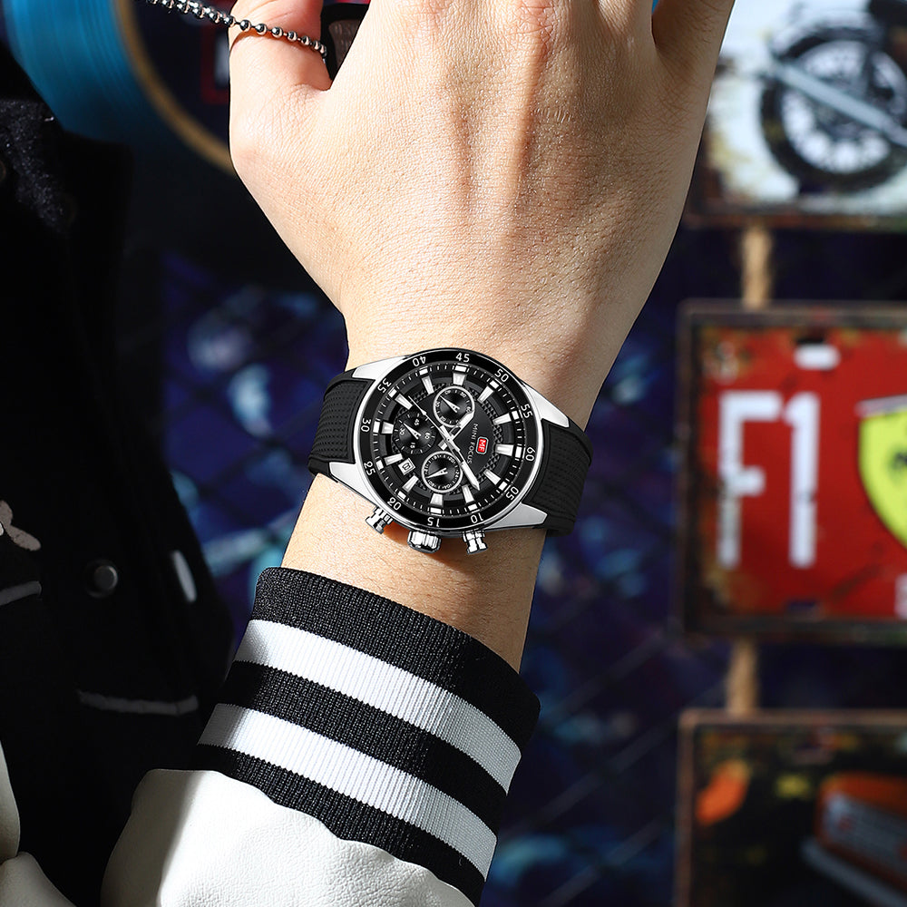 Black-Silver Round Chronograph Watch for Men
