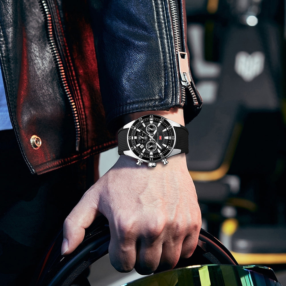 Black-Silver Round Chronograph Watch for Men