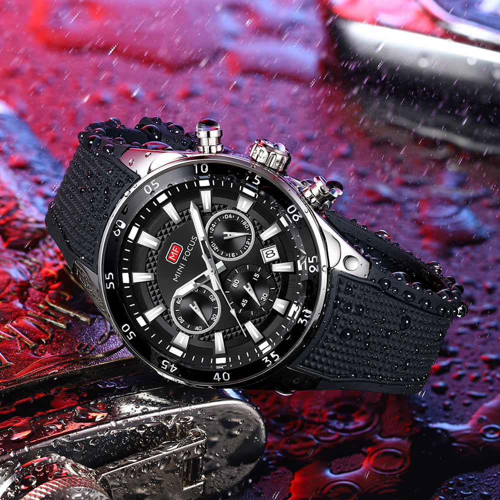 Black-Silver Round Chronograph Watch for Men