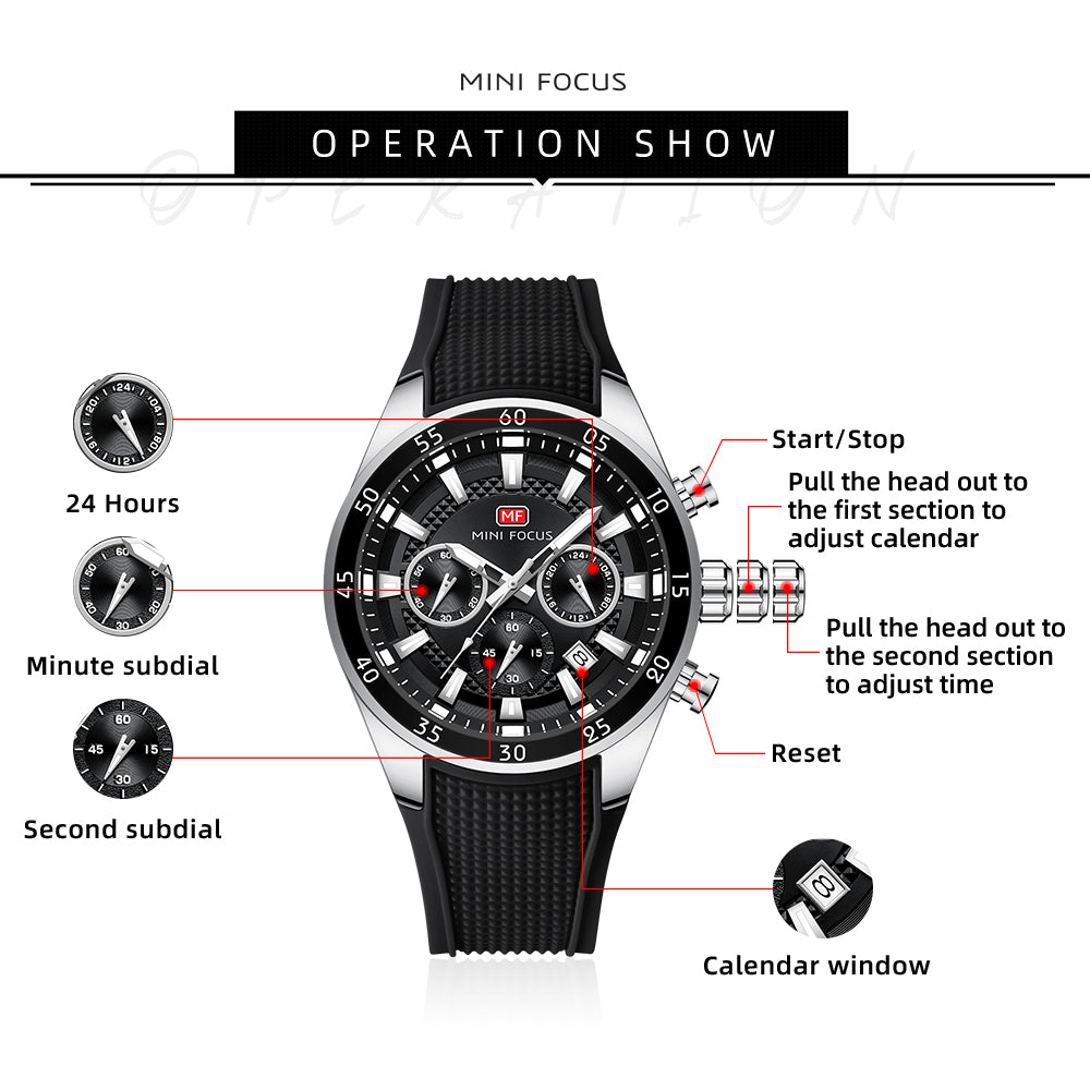 Black-Silver Round Chronograph Watch for Men