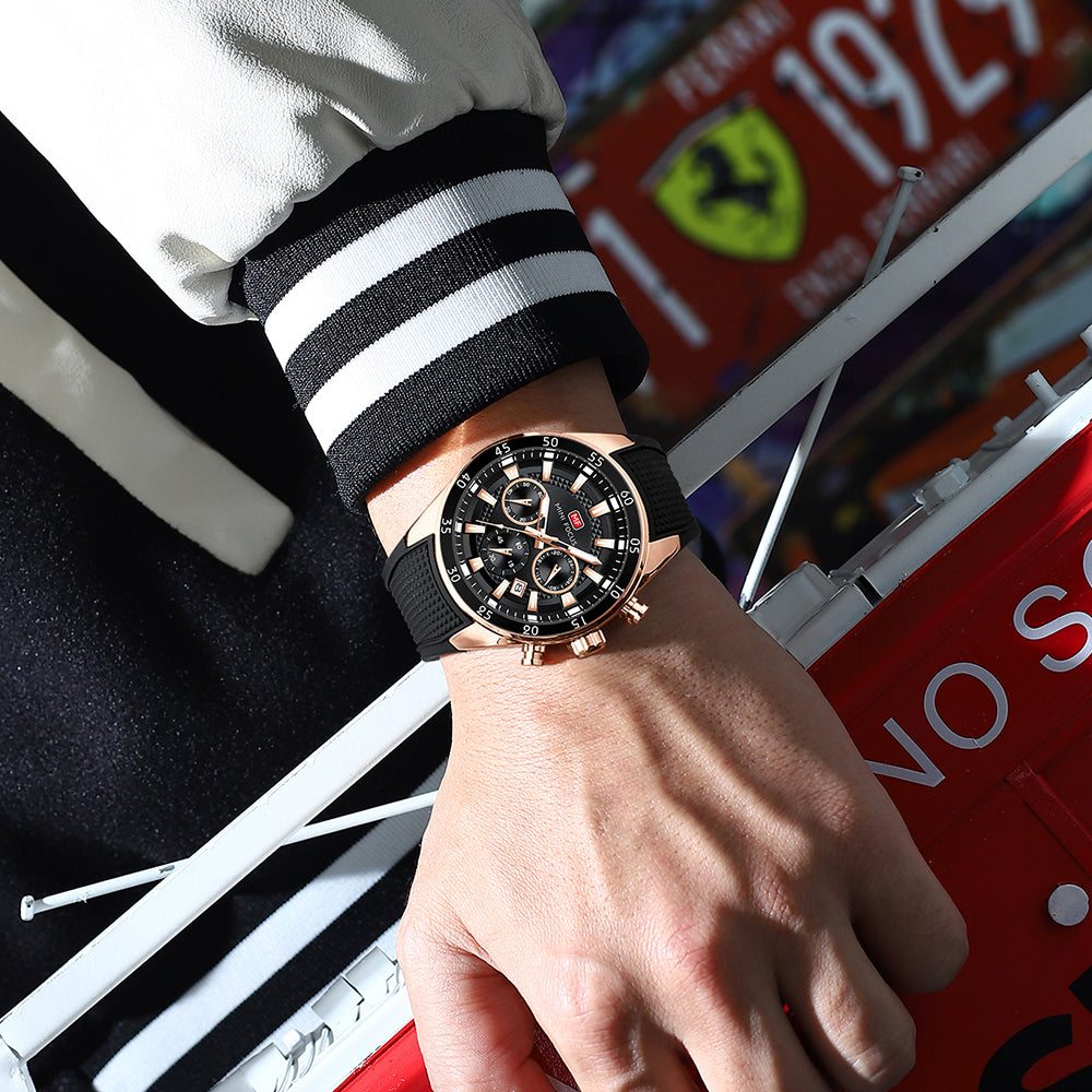 Black-Rose Gold Round Chronograph Watch for Men
