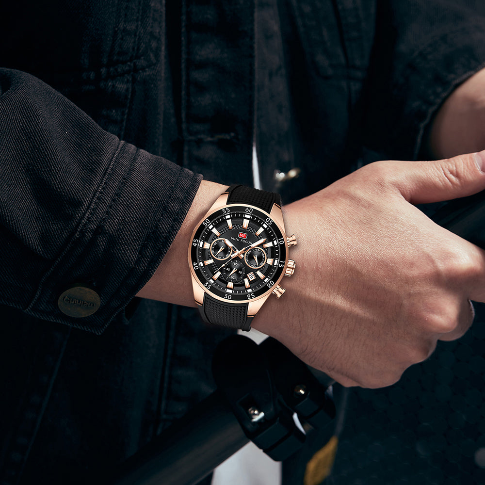 Black-Rose Gold Round Chronograph Watch for Men