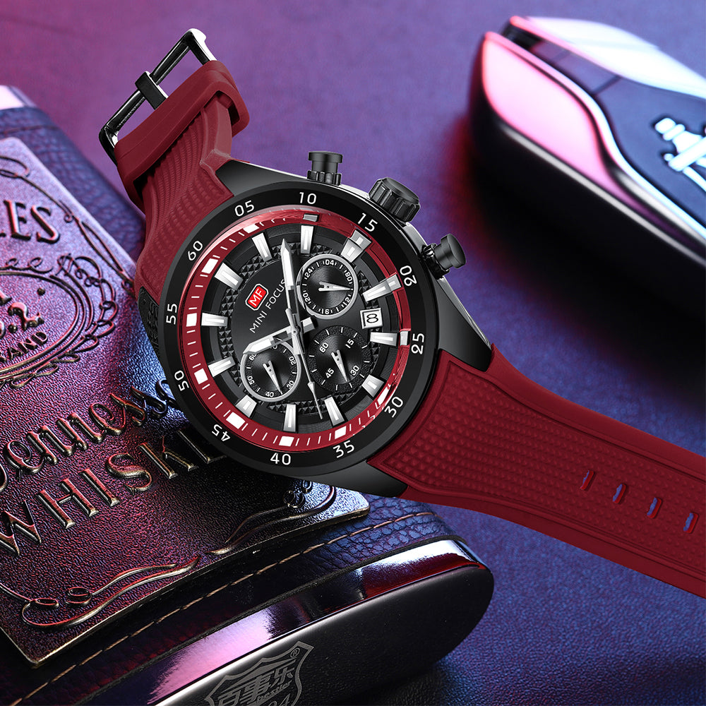 Crimson Red Round Chronograph Watch for Men