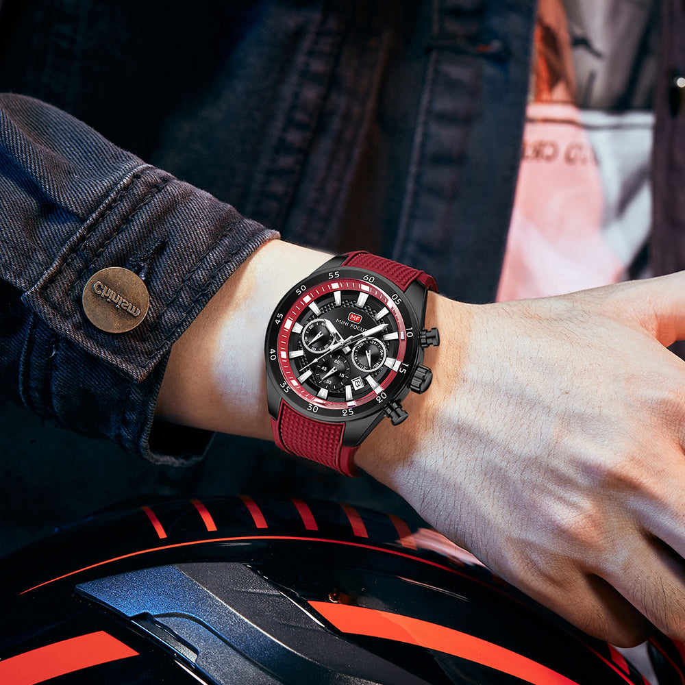 Crimson Red Round Chronograph Watch for Men
