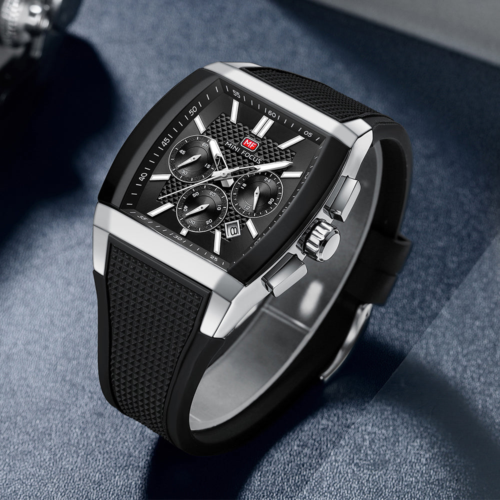 Black-Silver Square Chronograph Watch for Men