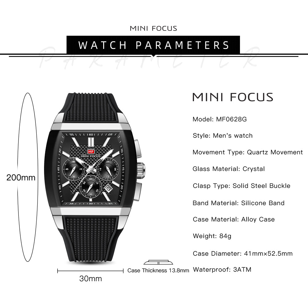 Black-Silver Square Chronograph Watch for Men