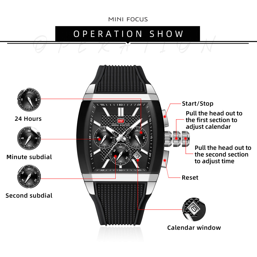 Black-Silver Square Chronograph Watch for Men