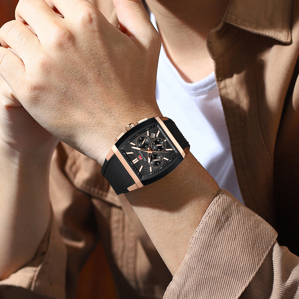 Black-Rose Gold Square Chronograph Watch for Men
