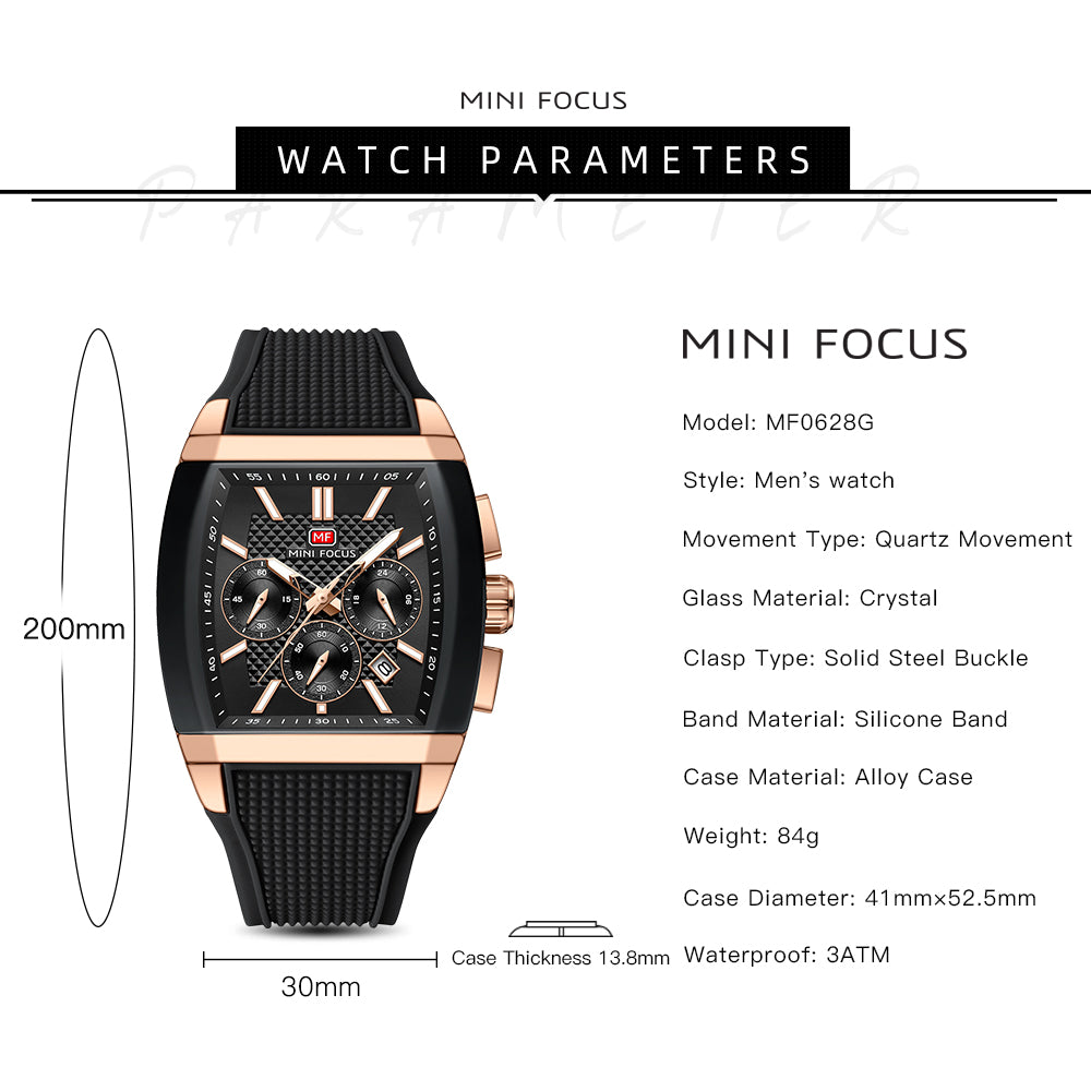 Black-Rose Gold Square Chronograph Watch for Men