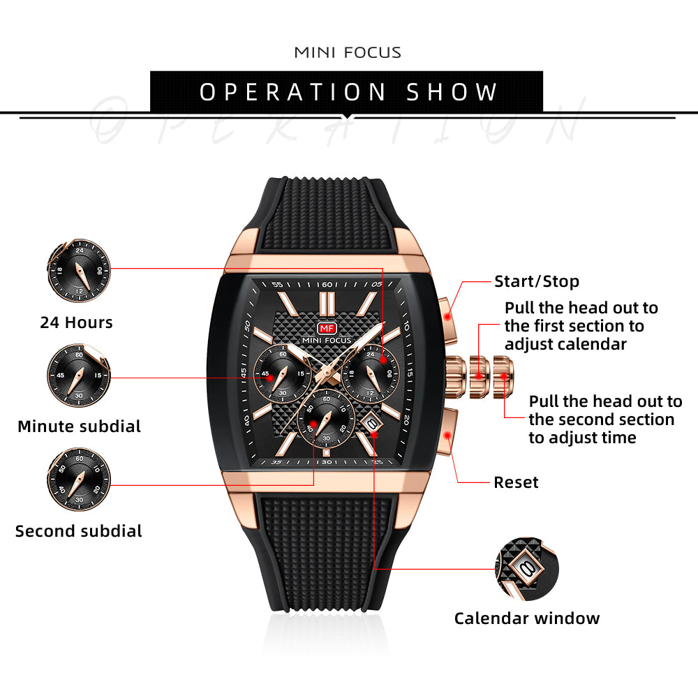 Black-Rose Gold Square Chronograph Watch for Men