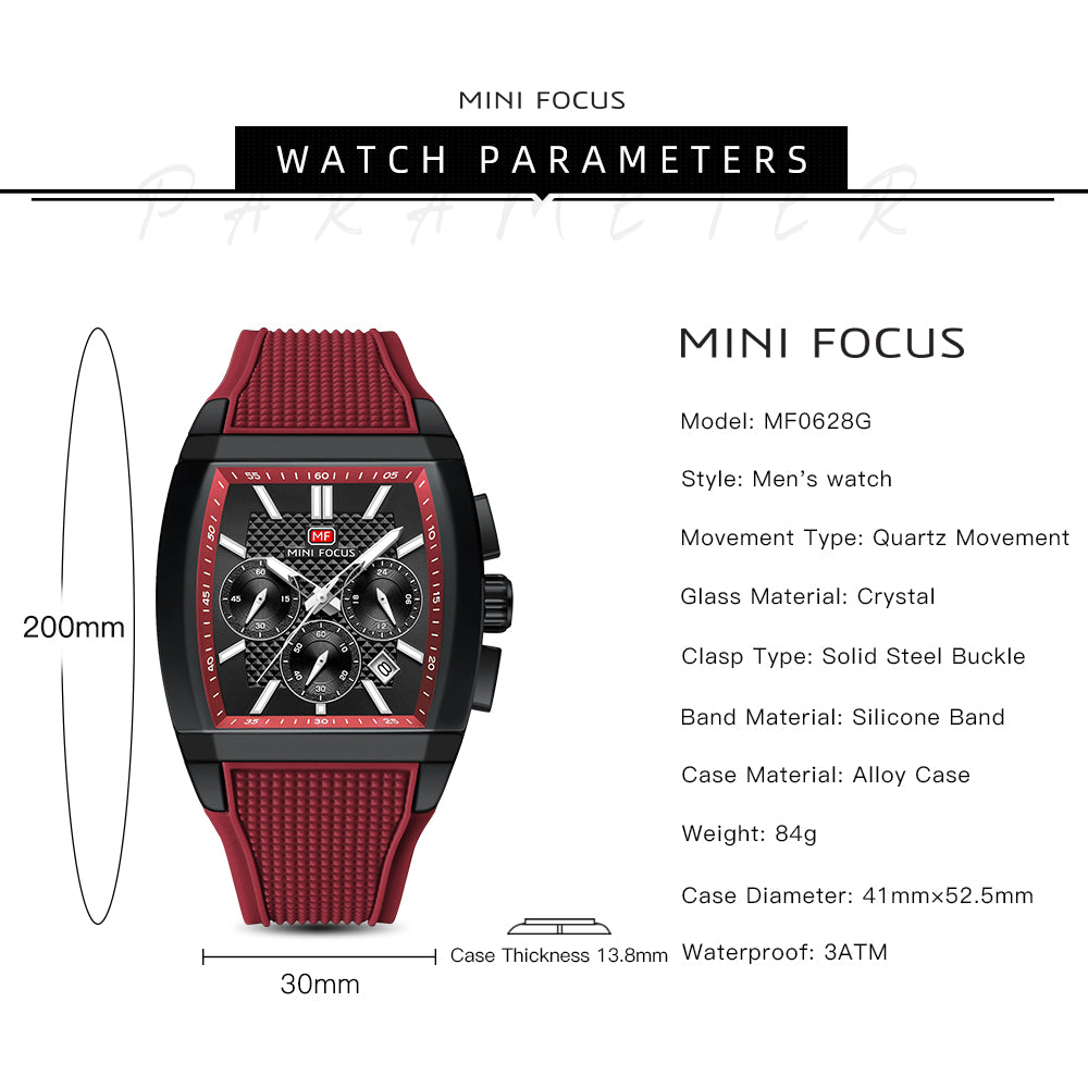 Crimson Red Square Chronograph Watch for Men