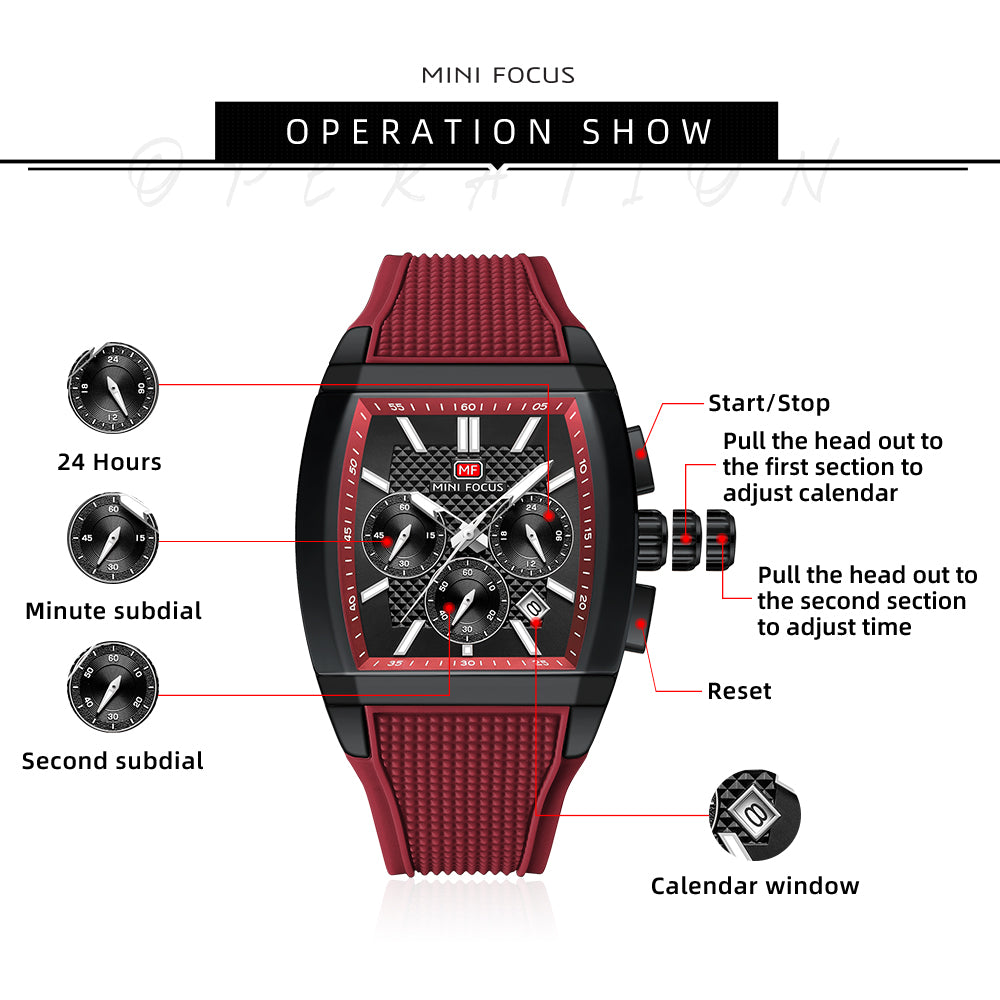 Crimson Red Square Chronograph Watch for Men