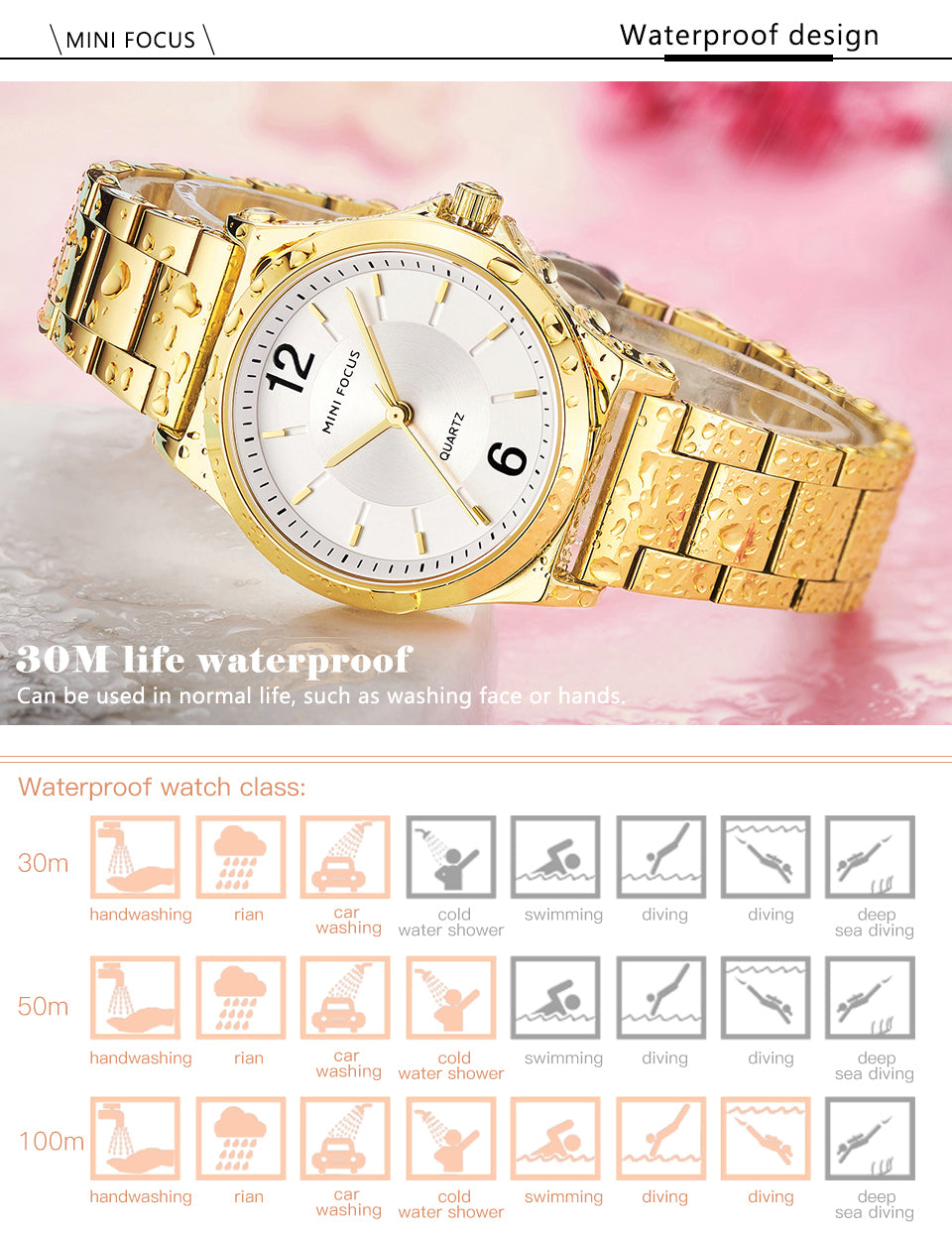 Mini Focus MF0308L.02 Minimalist White Dial with Stainless Steel Bracelet - Gold