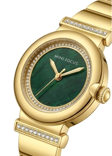 Gold-Emerald Small Round Dial Watch for Women
