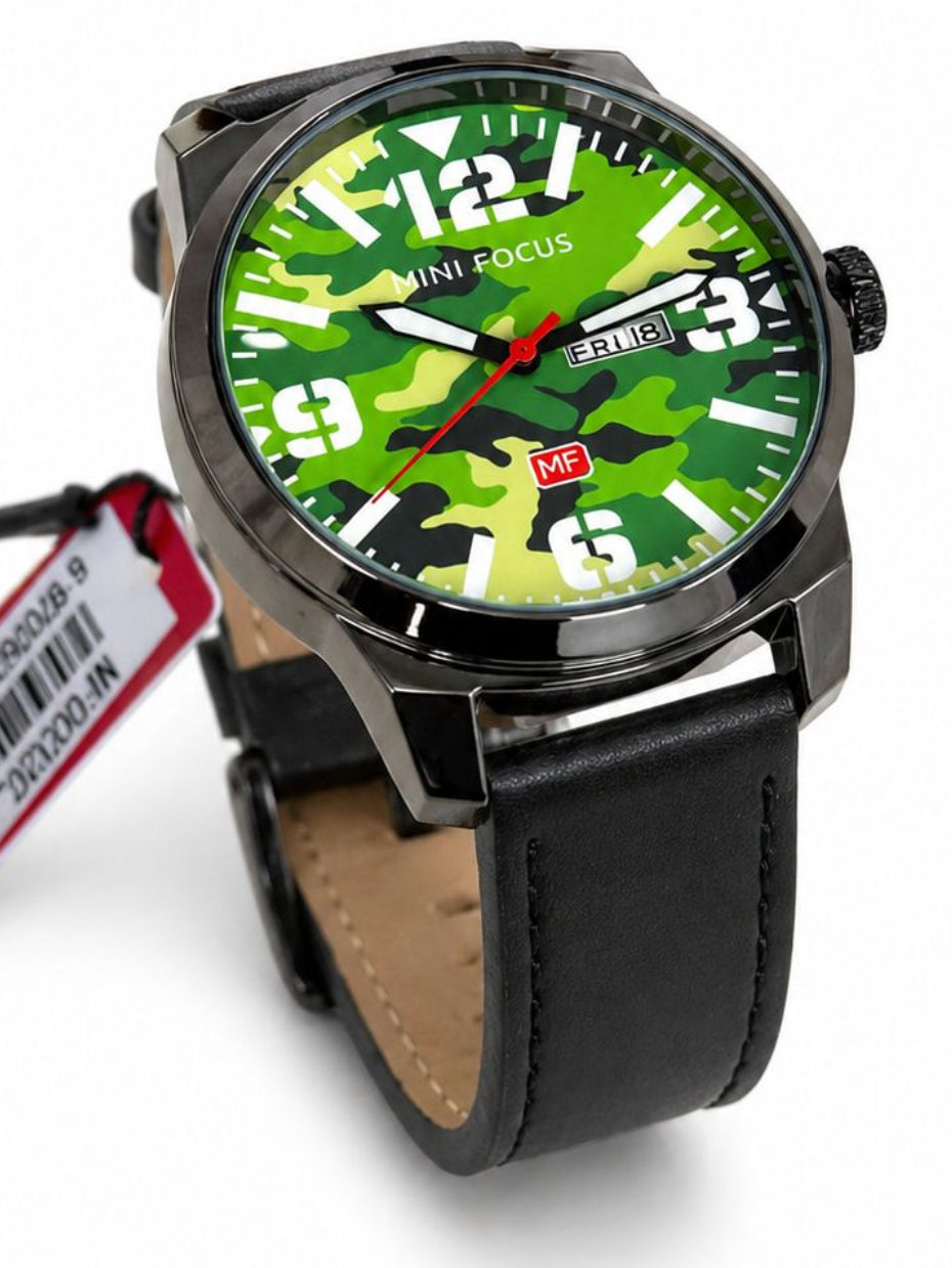 Mini Focus MF0032G.04 Leather Watch for Men - Green Camouflage Dial