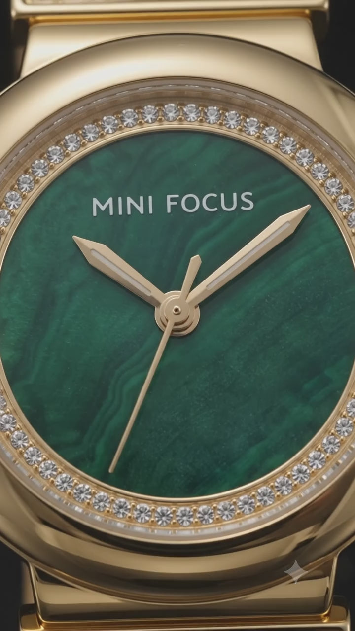 Gold-Emerald Small Round Dial Watch for Women